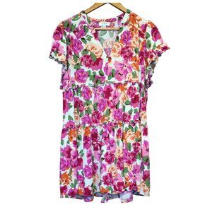 Umgee Womens Floral Short Sleeve Tiered Mini Dress Size M Roses Coquette
